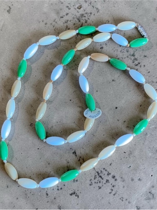 Jewelry - Vintage Made in Australia Green Ivory Opalescent Beaded Necklace 28" Mid Century